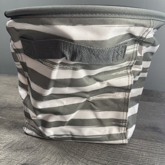 Thirty One Mini Storage Bin Tote Gray White Brush Strokes Collapsible Round NEW‎ - Picture 5 of 8